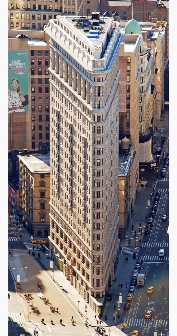 Aerial view of the triangular Flatiron Building in New York City at the intersection of Broadway and Fifth Avenue